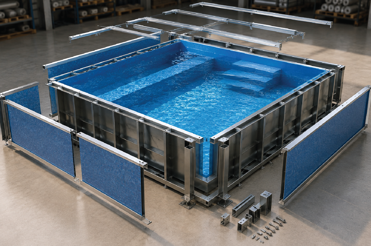Fabricación de piscina modular en planta controlada
